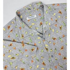 Tommy Bahama Shirt Mens 2XL Gray Martini Print Polyester Stretch Button‎ Up
